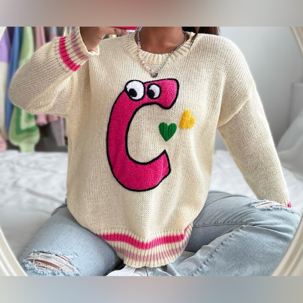 NEW 1 XL SHEIN Qutie Plus Heart & Cartoon Pattern Drop Shoulder Sweater